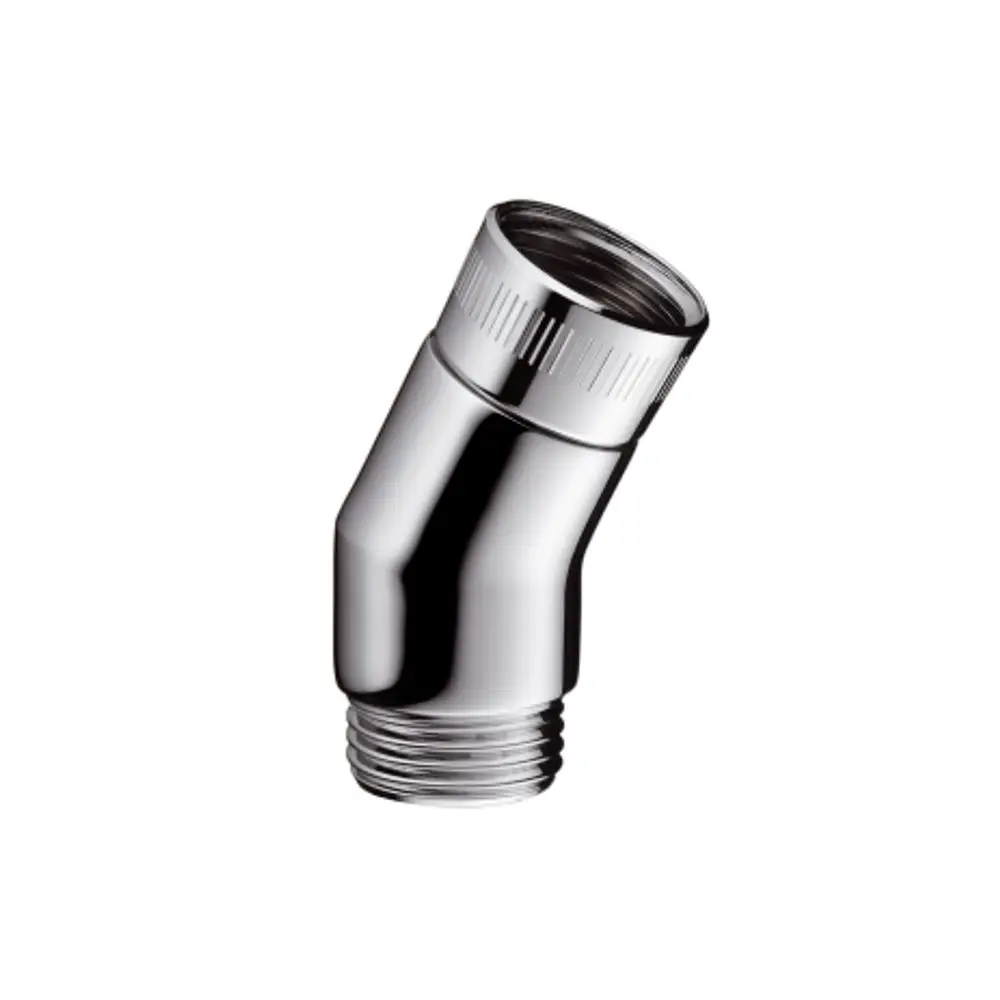 Chromfarbener Adapter von Hansgrohe mit schräger Form, geeignet für die Verbindung einer Handbrause mit einem passenden System. Gewindeverbindung unten und oben.